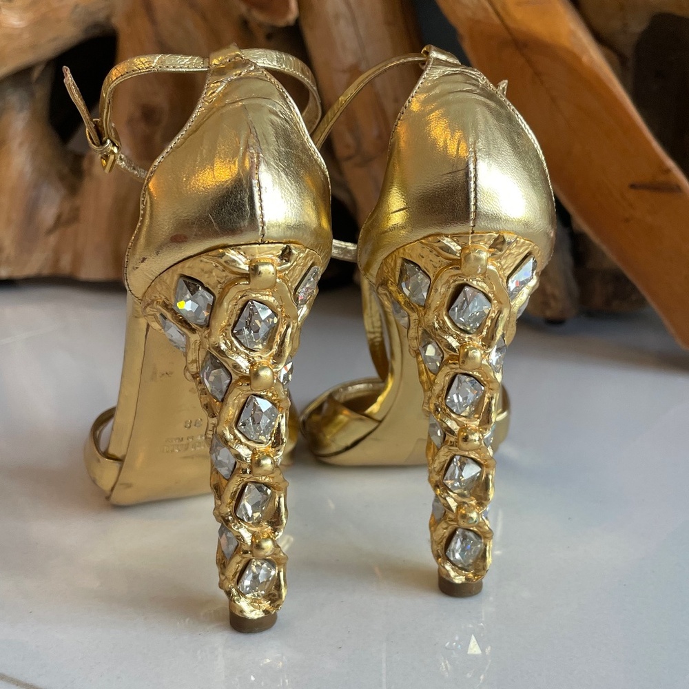 Gold Strappy High-Heel Sandals with Decorative Heel - Picture 4 of 8